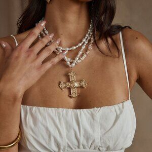 12th Tribe Angelica Gold Pearl Cross Statement Necklace Size O/SO/S